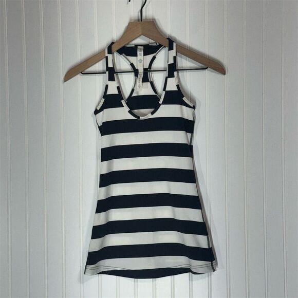 Lululemon Cool Racerback Tank Top Black White Striped Size 2 Yoga Gym Run Logo - Picture 1 of 8